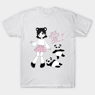 Cute girl with little pandas and love kanji T-Shirt